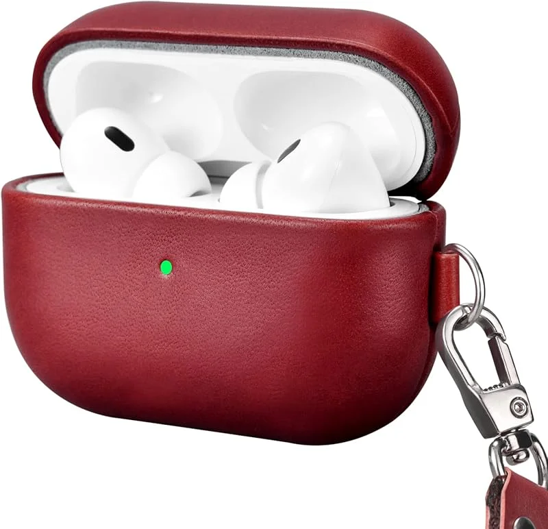 Äkta läderfodral för AirPods Pro 2 (släppt september 2022). Falltåligt, stöttåligt, heltäckande och avtagbart skydd med rem. Kompatibelt med trådlös laddning, laddnings-LED syns — Mobil och surfplatta