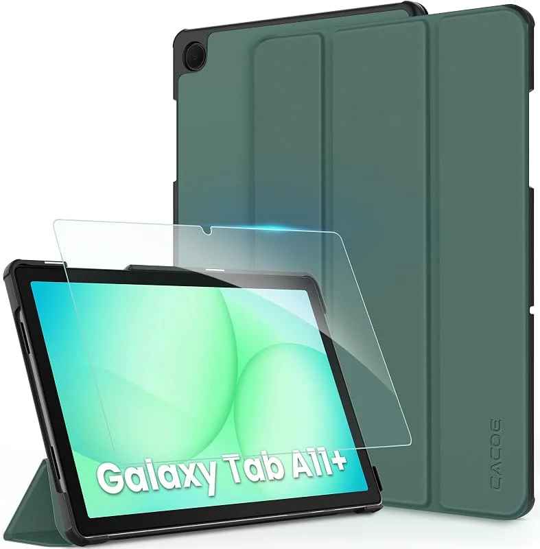 CACOE-fodral för Samsung Galaxy A11+ Plus surfplattaskal med skärmskydd 11 tum 2025 (SM-X236B, SM-X230) – Heltäckande ultratunt skal med stativ, mörkgrönt — Mobil och surfplatta