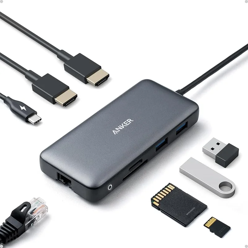 Anker PowerExpand 8-i-1 USB-C-adapter, USB-C mediahub, Dual 4K HDMI, 100 W Power Delivery 1 Gbps Ethernet 2 USB 3.0 dataportar, SDµSD minneskortläsare för MacBook Pro, Pixelbook med mera — Laddning och kablar