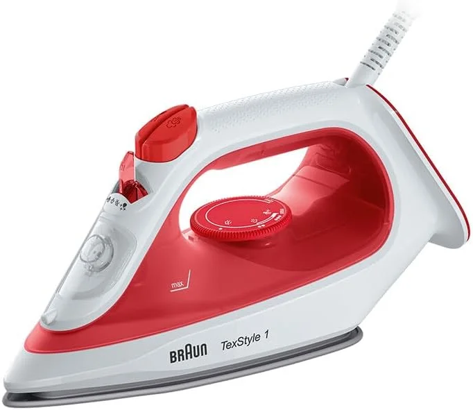 Braun Ångstrykjärn TexStyle 1 SI1019RD, strykjärn, non-stick-belagd stryksula, 120 g, min ångpuff, kranvatten, snabb uppvärmning (35 sek.), 220 ml, 1 900 watt, röd — Hushållselektronik