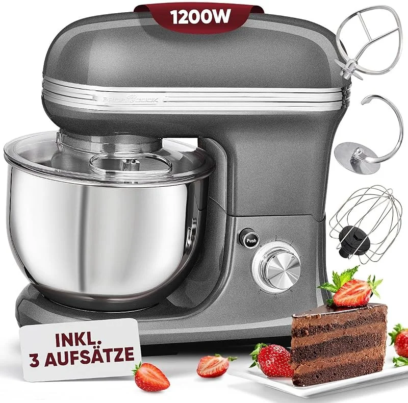 ProfiCook® Matberedare för bakning, knådmaskin 5 l med stark 1 200 W motor, degmaskin inklusive krok och visp, Retro degknådningsmaskin stänkskydd med påfyllningsöppning, PC KM 1197 antracit — Kök & Hushåll