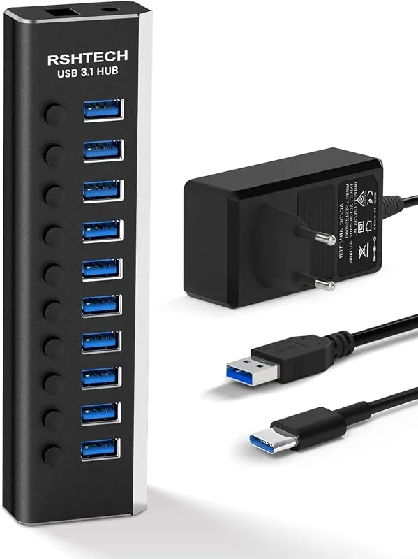 RSHTECH Active USB 3.0 Hub med 10 Gbps strömförsörjning Aluminium 10 Port USB 3.1, 3.2 Gen 2 Hub, med 36W(12V, 3A) Strömadapter och Individuella Strömbrytare, 2 kablar (Typ C och Typ A), RSH-A10S — Laddning och kablar