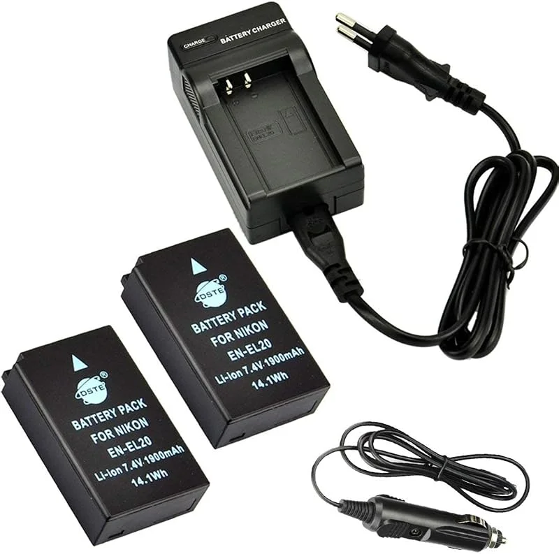 DSTE® (2-pack) Ersättningsbatteri och DC125E reseladdare kompatibel med EN-EL20 EN-EL20A Coolpix A, 1 J1, 1 J2, 1 J3, 1 AW1, 1 S1, 1 V3 — Laddning och kablar