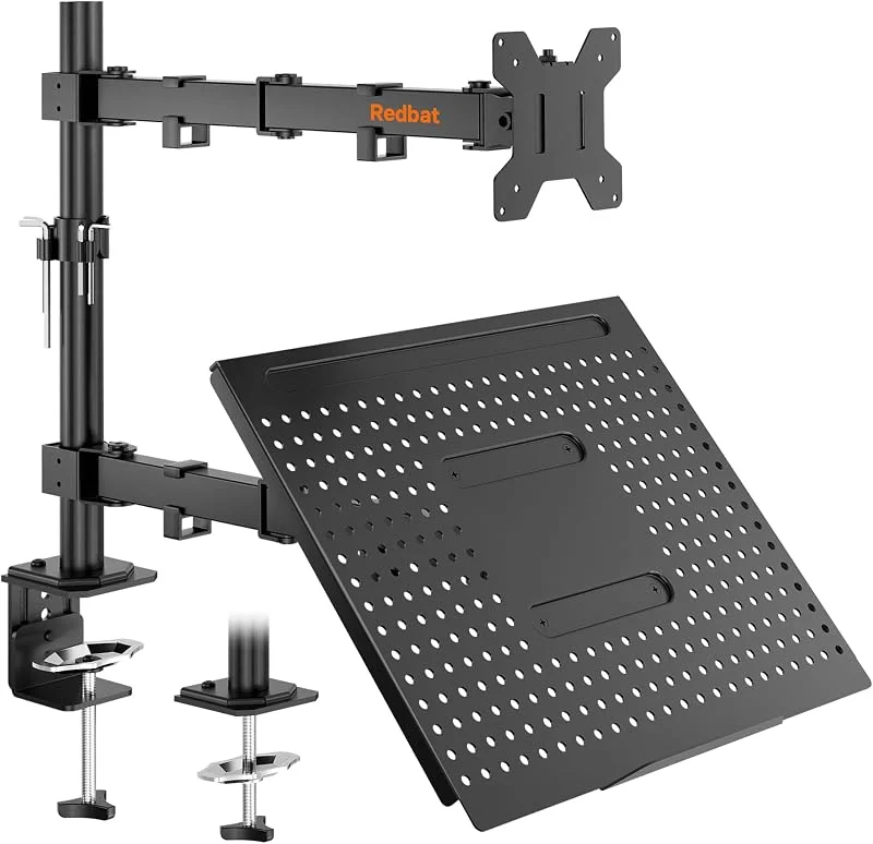 Redbat Justerbart Skärm- och Laptopstativ för 13-32 Tum Bildskärmar och Upp till 16 Tum Laptops, Ergonomisk Bildskärmsarm med Full Rörelse, C-Klämma och Genomföringsfäste, VESA 75, 100 mm, Max 8 kg — Datortillbehör
