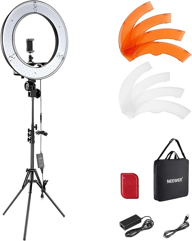 NEEWER Ringljus med stativ set: 45 cm (18 tum), utomhus, 55 W, 5600 K, dimbar, LED-ringlampa med bluetooth, fjärrkontroll för mobiltelefon, kamera för YouTube TikTok, självporträtt, foto, tatuerare — Mobil och surfplatta