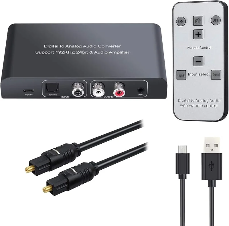 Neoteck DAC-omvandlare 192 kHz digital till analog ljudomvandlare optisk koaxial toslink till analog stereo L, R RCA med 3, 5 mm uttag stöder volymkontroll tyst ström PÅ eller AV med IR-fjärrkontroll — Hörlurar och ljud