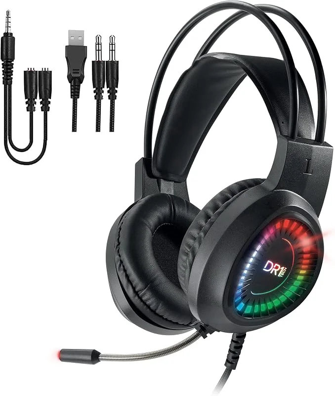 DR1TECH Firescout LED-Hörlurar För Spel, Med Tråd Och Mikrofon För PC, Over Ear Driver Hörlurar Svart 40 Mm. Stereoljud USB Och Double Jack + Adapter Ingår — Hörlurar och ljud