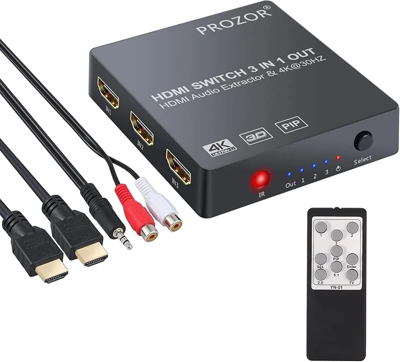 PROZOR HDMI Converter Switch 3x1 med Audio Extractor Optisk analog utgång Toslink SPDIF 4K 3D-stöd med IR Controller HDMI-kabel USB-kabel och 3, 5 mm hane till 2 kablar Kvinnlig RCA för BLU-Ray DVD PS4 TV — TV och streaming
