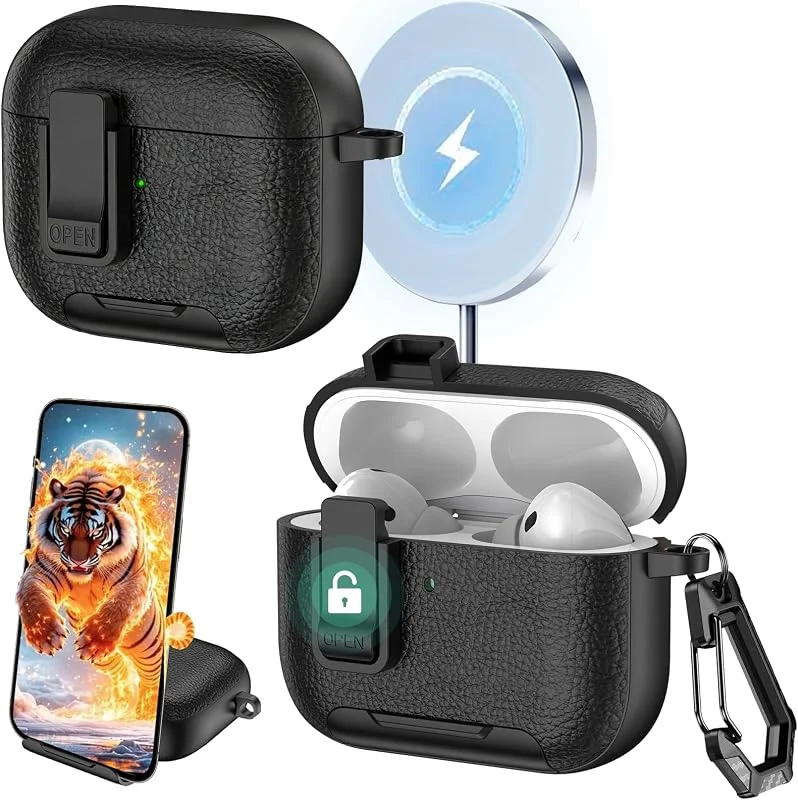 Ysnzaq fodral för AirPods Pro 2 Gen med låsklämma & Stand PWZ Black — Mobil och surfplatta