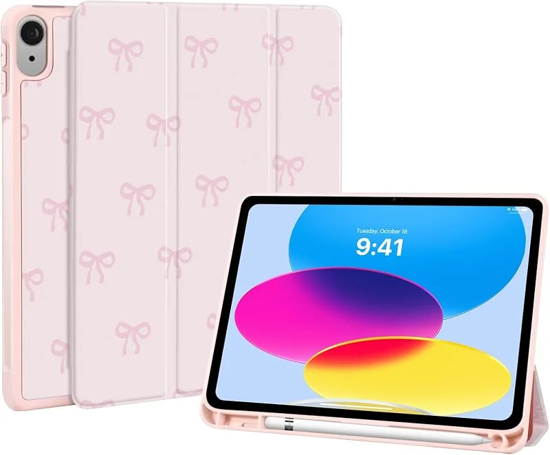 fodral för iPad 11. generationen (A16) 2025, iPad 10. Generation 2022, iPad 11 tums fodral med pennhållare, sött rosettmönster, trippelvikt stativ med reptålig, rosa, estetiskt skyddsfodral för — Mobil och surfplatta