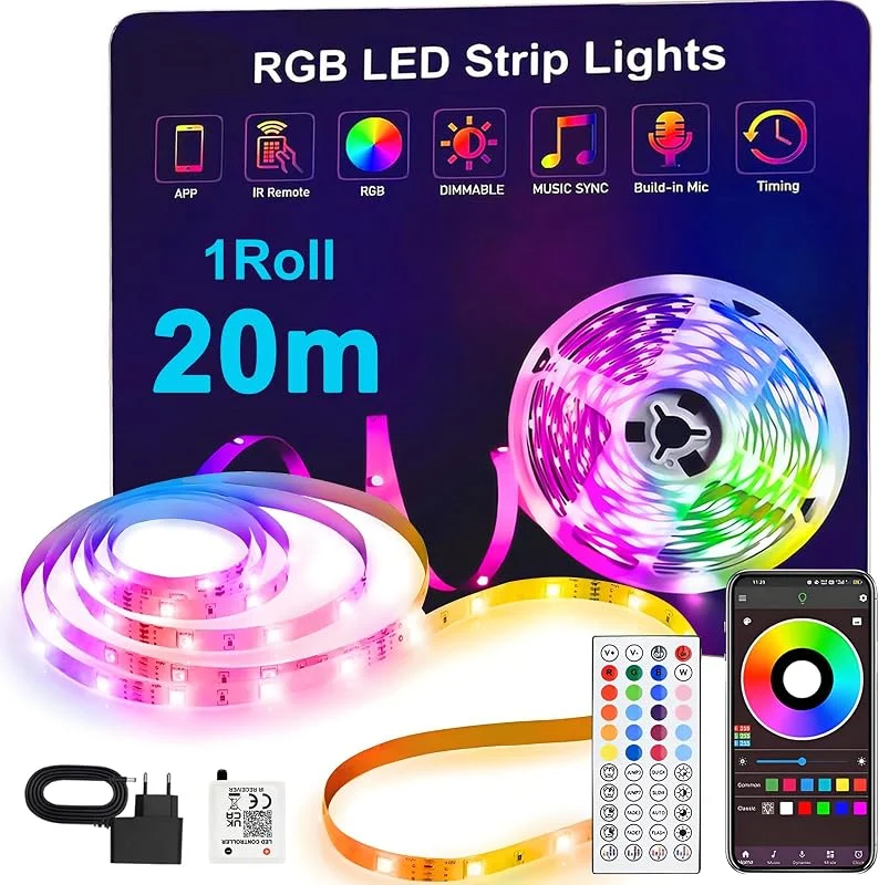 LED Remsa 20m, LED List med Smart Appstyrning, 16 Miljoner Färger, Dimbar, Färgförändring, Kapbar, 20m RGB Flexibel Ljusstrips med Controller Sync to Music Lämplig för Sovrum, Fest och Heminredning — Smart belysning