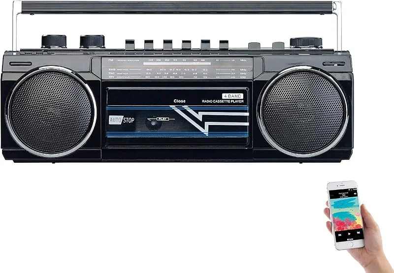 auvisio Retro-boombox med kassettspelare, radio, USB, SD och Bluetooth, 8 watt — Portabel digital och ljud
