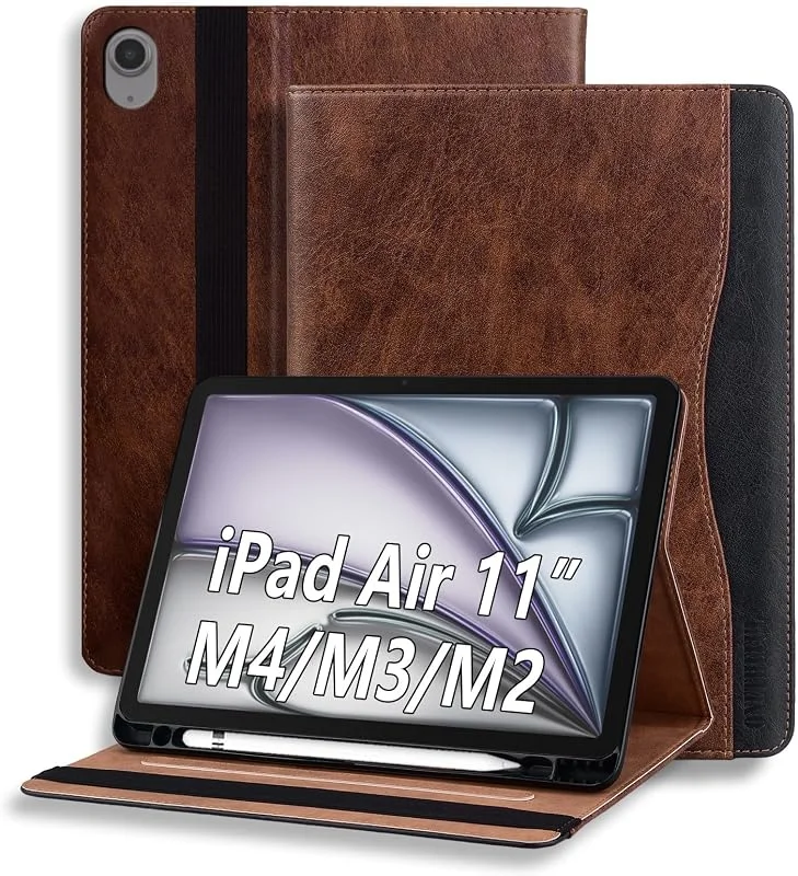 Fodral för iPad Air 11 tum M4, M3, M2 (2026, 2025, 2024), iPad Air 6, 5, 4 Gen 10, 9 tum (2022, 2020), PU-läder surfplatta med pennhållare stativ, brun — Mobil och surfplatta