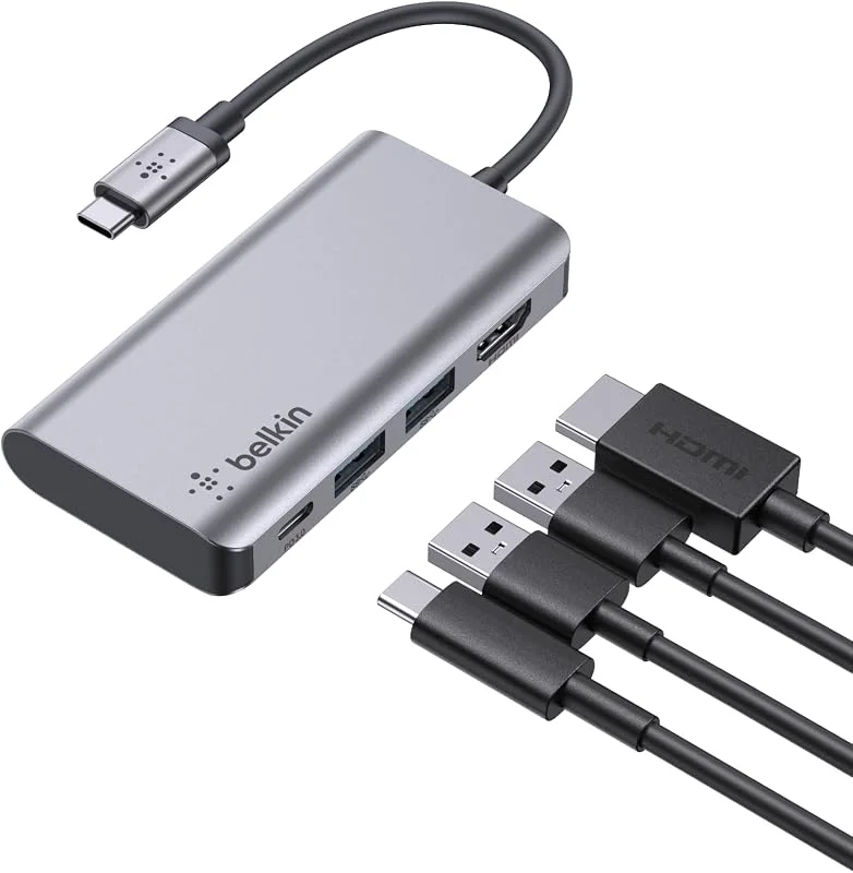 Belkin USB C 4-i-1 Multiport-adapter (med 4K HDMI, USB-C 100 W PD genomströmmande laddning, 2 x USB A-portar för MacBook Pro, MacBook Air, iPad Pro, XPS och fler) — Laddning och kablar