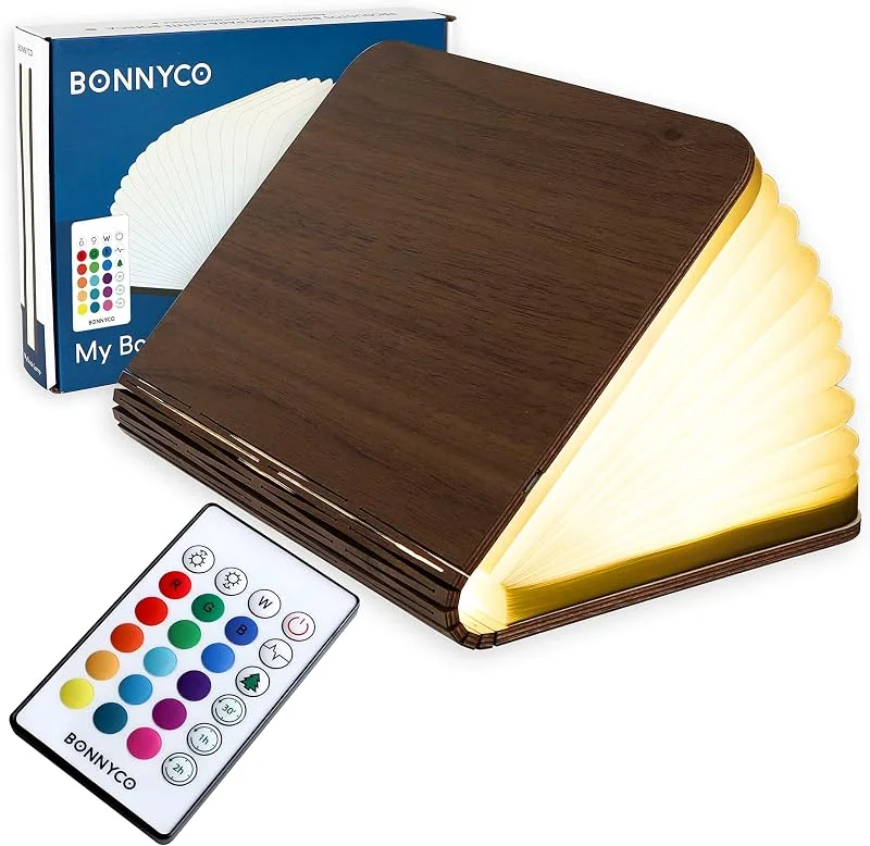 BONNYCO LED Boklampa i Trä, Vikbar med 16 Färger, Fjärrkontroll och Timer — Smart belysning