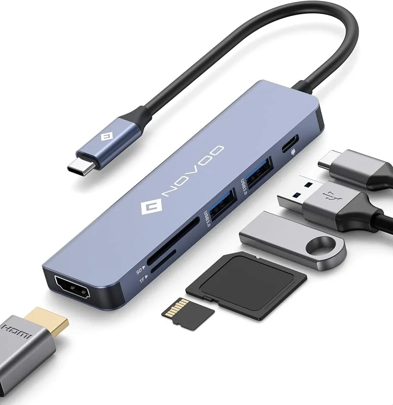 NOVOO USB C Hub, 6 i 1 Aluminium USB C Adapter med HDMI 4K Adapter, USB C Strömförsörjning, SD och Micro-SD Kortläsare och 2 USB 3.0 Anslutningar, Kompatibel Macbook Pro, Air, Chromebook — Laddning och kablar