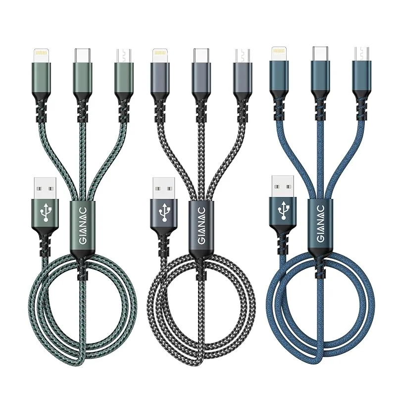 GIANAC Multi-USB-kabel, 3 delar, 1, 2 m, universell 3-i-1-laddkabel, snabbladdningskabel med mikro-USB-, typ C- och Lightning-kabel för iPhone, Android, Galaxy och Huawei — Mobil och surfplatta