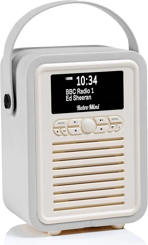 VQ bärbar retro mini DAB och DAB+ digital radio med FM, Bluetooth, Aux, USB, väckarklocka – ljusgrå — Portabel digital och ljud