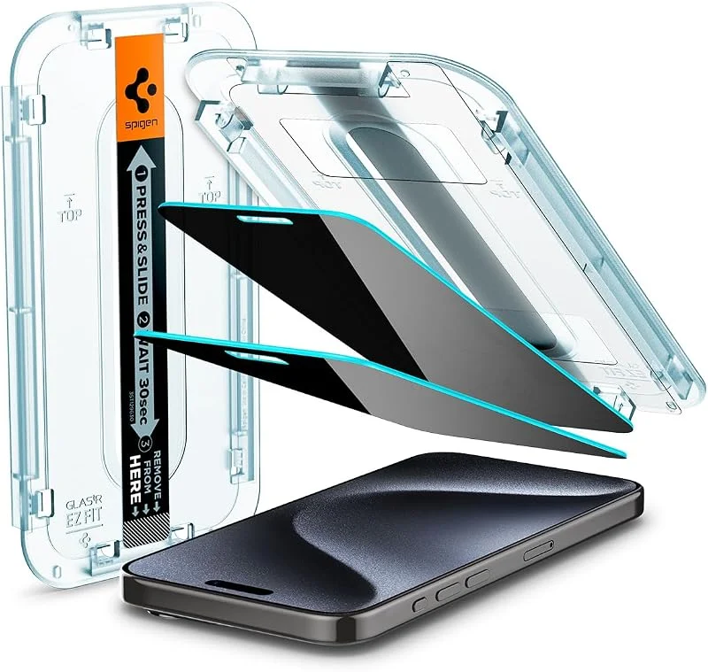 Spigen EZ Fit Privacy Härdat Glas [2 Stycken] för iPhone 15 Pro — Mobil och surfplatta