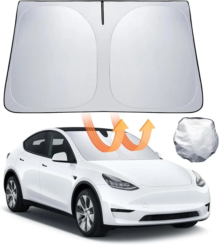 Solskydd Framruta för Tesla Model 3, Y Fällbart Solskydd med Förvaringsväska UV-strålning Blockerar Solskärm Model 3, Y 2018-2025 Highland Juniper Tillbehör — Mobil och surfplatta