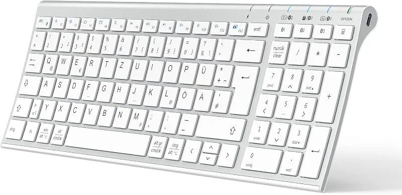 iClever Bluetooth-tangentbord, BK10 trådlöst tangentbord med 3 Bluetooth-kanaler, ultratunt uppladdningsbart QWERTZ, tyskt trådlöst tangentbord — Datortillbehör