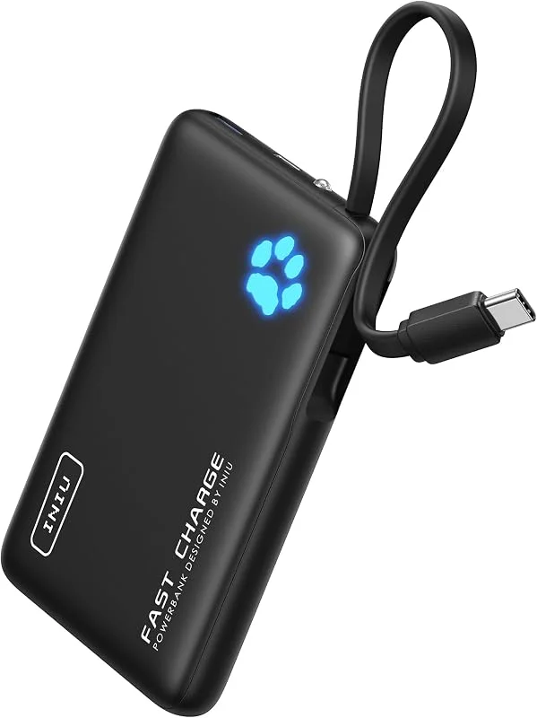 INIU 45W Externt Batteri, 10000 mAh Mini Powerbank med USB C inbyggda kabla — Mobil och surfplatta