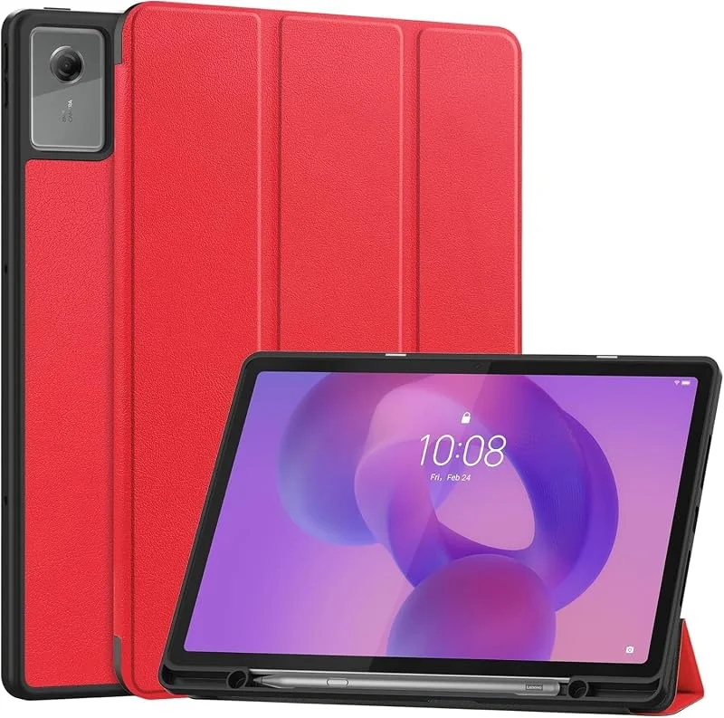 Fodral för Lenovo Idea Tab Plus 12, 1 tum 2025, mjukt TPU-fodral med pennhållare, trefaldigt hopfällbar surfplatta, modell TB361, automatisk väckning, viloläge, röd — Mobil och surfplatta