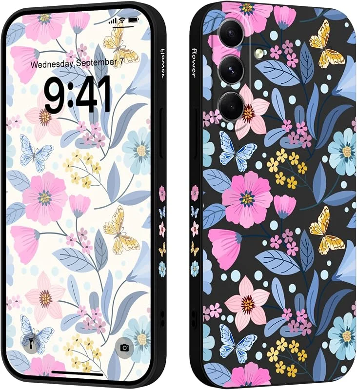 LEECG för Samsung Galaxy A17 Fodral, Tunn Telefonskydd i Flytande Silikon mot Fingeravtryck Telefonfodral för Samsung A17 6, 7 tum, Svart Blomma — Mobil och surfplatta