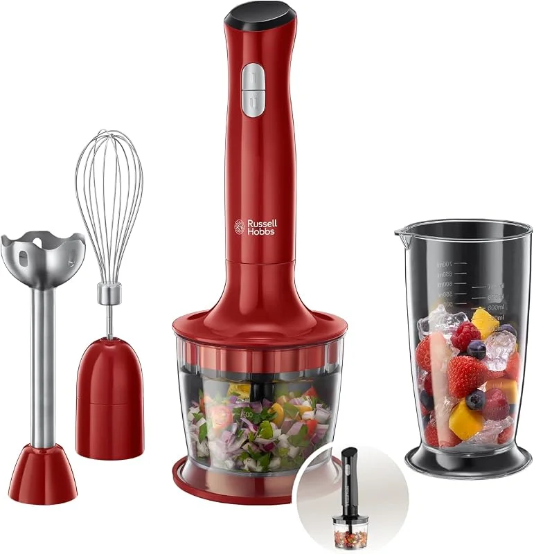 Russell Hobbs 3-i-1 stavmixer, 2 hastigheter, rostfritt stål, BPA-fri behållare, ballongvisp, minihackare, diskmaskinssäkra delar, röd, 500W Desire, 24700-56 — Kök & Hushåll