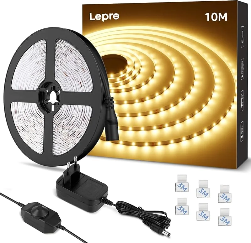 Lepro LED-remsa 10 m varm vit, LED-remsa varm vit 3 000 K dimbar, 600 lysdioder 2835 LED-band självhäftande, superljus LED-ljusband list med strömförsörjning, ljuskedja kedja för inomhus kök hem dekoration — Smart belysning