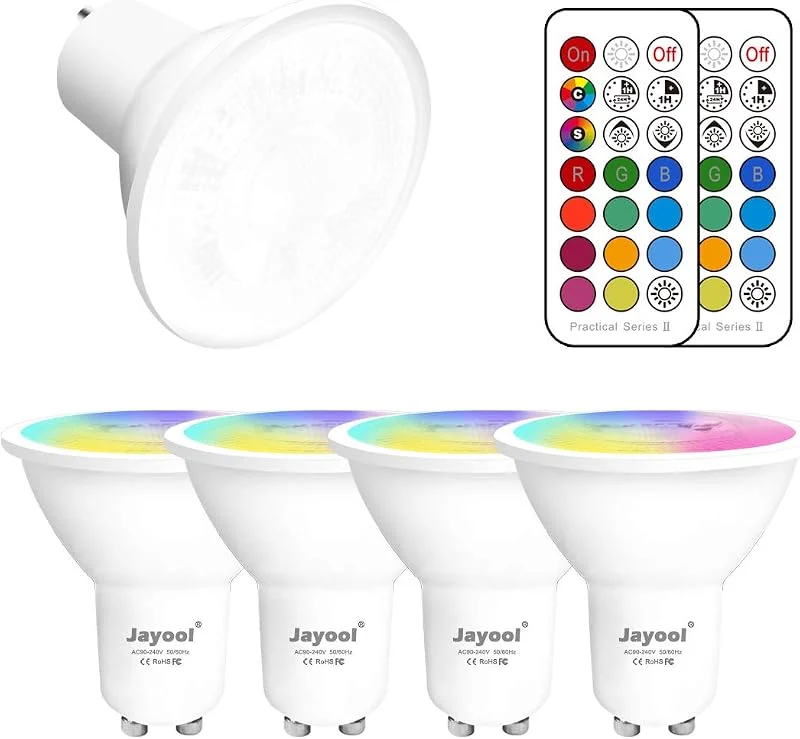GU10 LED-glödlampor, dimbar 5 W färgskiftande spot-lampa med fjärrkontroll, RGB + dagsljus vit, timer, 45°strålvinkel (paket med 4) — Smart belysning