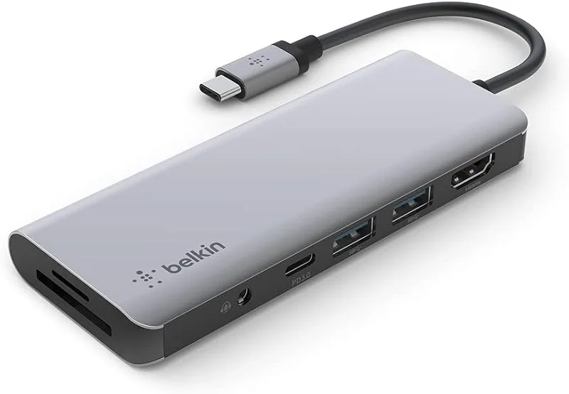 Belkin 7-i-1 MultiPort USB C-hubb (med 4K HDMI, USB-C, 2 x USB A, 3, 5mm Audio, fack för SD 3.0 och micro-SD 3.0 för MacBook Pro, MacBook Air, iPad Pro, XPS och fler) — Laddning och kablar