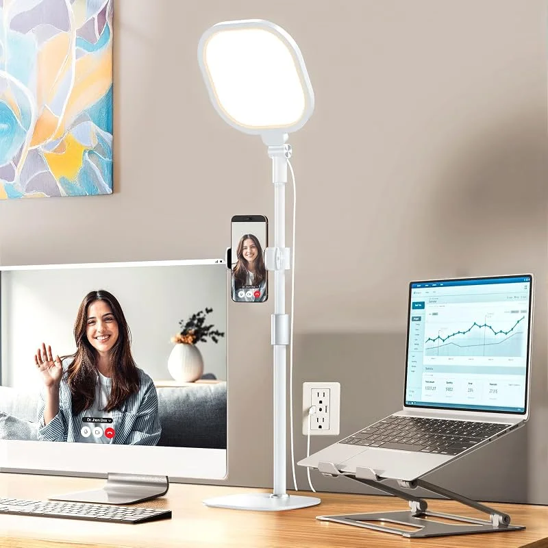 Vit videokonferensbelysning för zoommöte, ringlampa för skrivbord med flexibelt stativ — Mobil och surfplatta