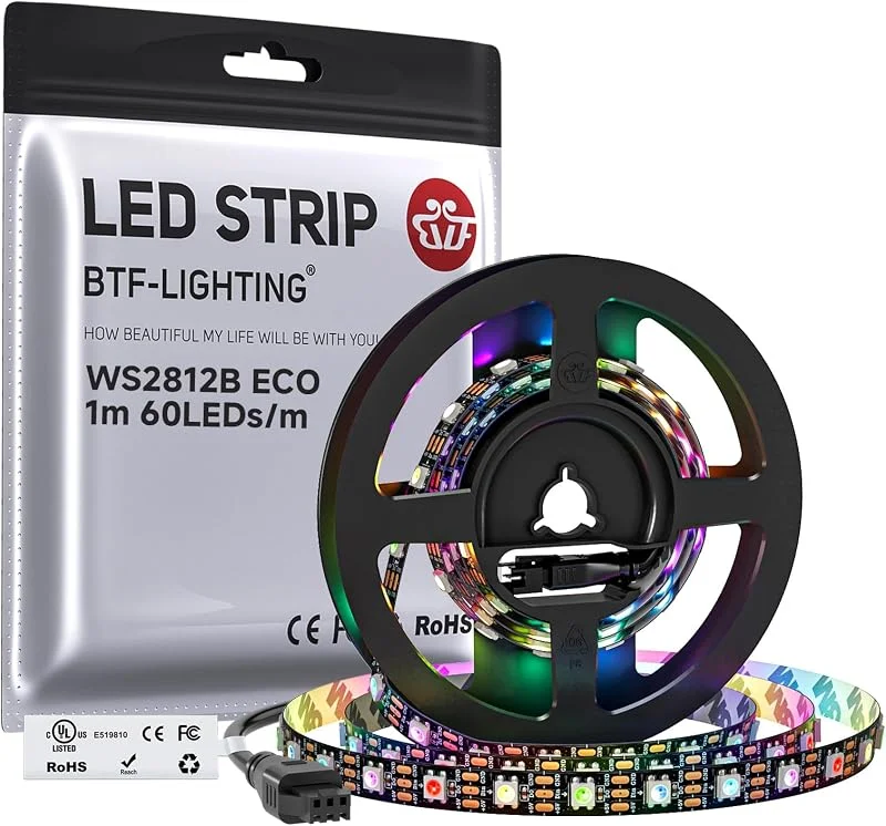 BTF-LIGHTING WS2812ECO RGB LED-remsa 1 m 60 LED, pixel WS2812 Legeringstråd Individuellt adresserbar DC5V Svart PCB LED-remsbelysning IP30 Icke vattentät för DIY-projekt — Smart belysning