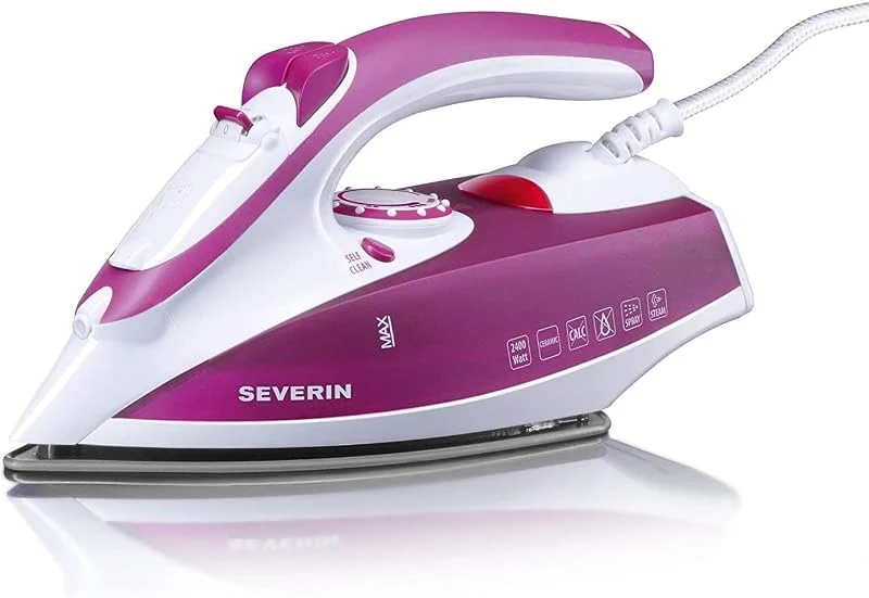 SEVERIN Ångstrykjärn med keramisk belagd stryksula och non-stick-effekt, 2 400 W, 70 g, min ångpuff, 30 g, min variabel ångeffekt, perfekt för ång- och torrstrykning, vit, violett, BA 3243 — Hushållselektronik