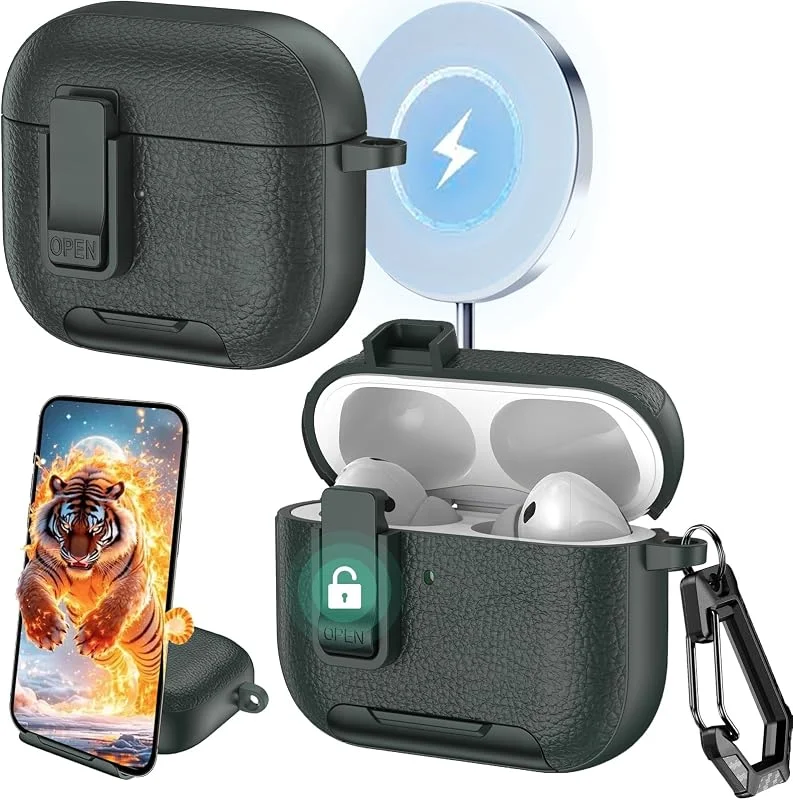 Ysnzaq fodral för AirPods Pro 3. Generation med låsklämma och stativfunktion, lädertextur, stötsäkert skyddsfodral med karbinhake för AirPods Pro 3 2025-PWZ Army Green — Mobil och surfplatta