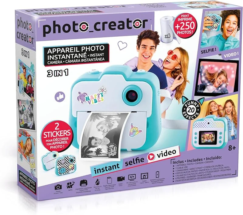 Canal Toys Kamera med fotoskapare, selfie och video - termiskt papper för 250 foton - LCD-skärm - från 8 år - CLK 001, ljusblå — Portabel digital och ljud