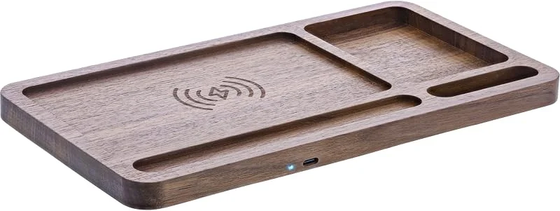 InLine® WoodCharge Organizer – trådlös Qi-laddningsstation i valnöt, skrivbordsorganisatör med LED, 3 spolar, USB-C, trådlös laddare, 33392Y — Mobil och surfplatta