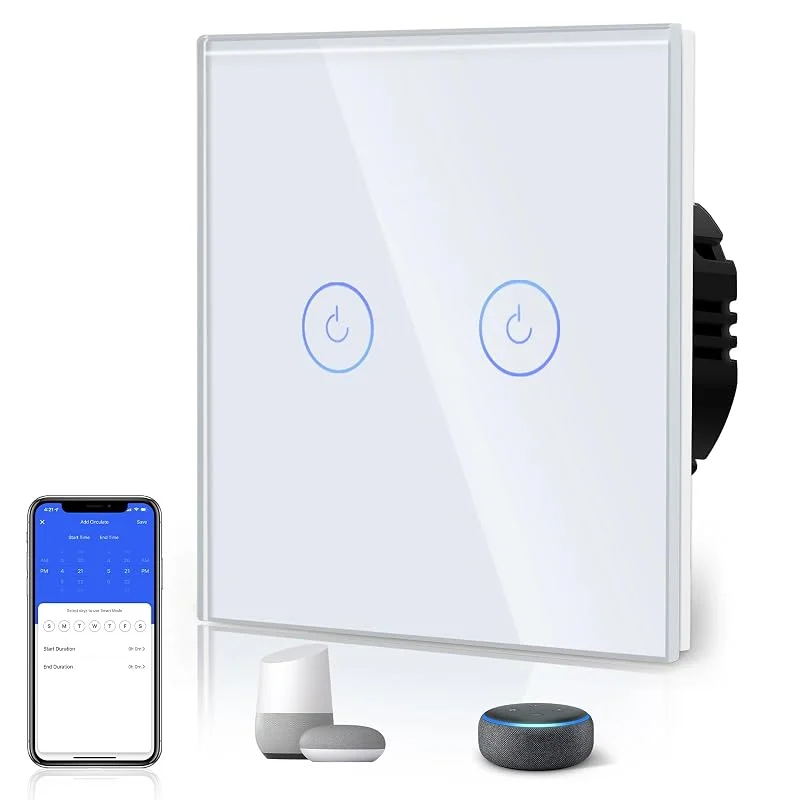 BSEED Smart ljusströmbrytare, WiFi touch-glasomkopplare för 2, 4 G nätverk, Alexa omkopplare med LED-indikator, kontroll av SmartLife APP, neutral kabel krävs, 2 gäng - behöver neutral, 86 mm vit — Smart belysning