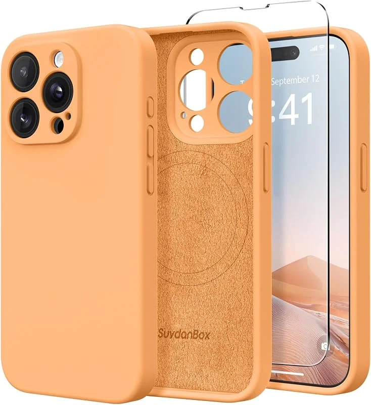 SuydanBox magnetisk för iPhone 15 Pro-fodral, kompatibel med MagSafe, [fullt kameraskydd] [skärmskydd] silikon, stötsäkert, skyddande telefonfodral för iPhone 15 Pro 6, 1 tum, cantaloupe — Mobil och surfplatta