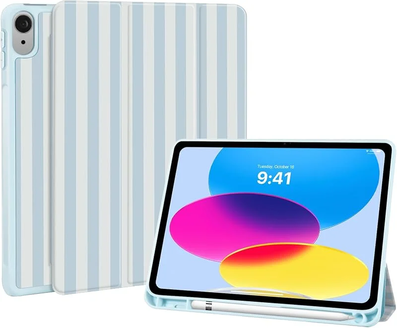 fodral för iPad 11:e generationen (A16) 2025, iPad 10:e generationen 2022, iPad 11 tums fodral med pennhållare, söt blå-vit randigt mönster skyddsfodral med trefaldigt ställ, blå estetisk — Mobil och surfplatta
