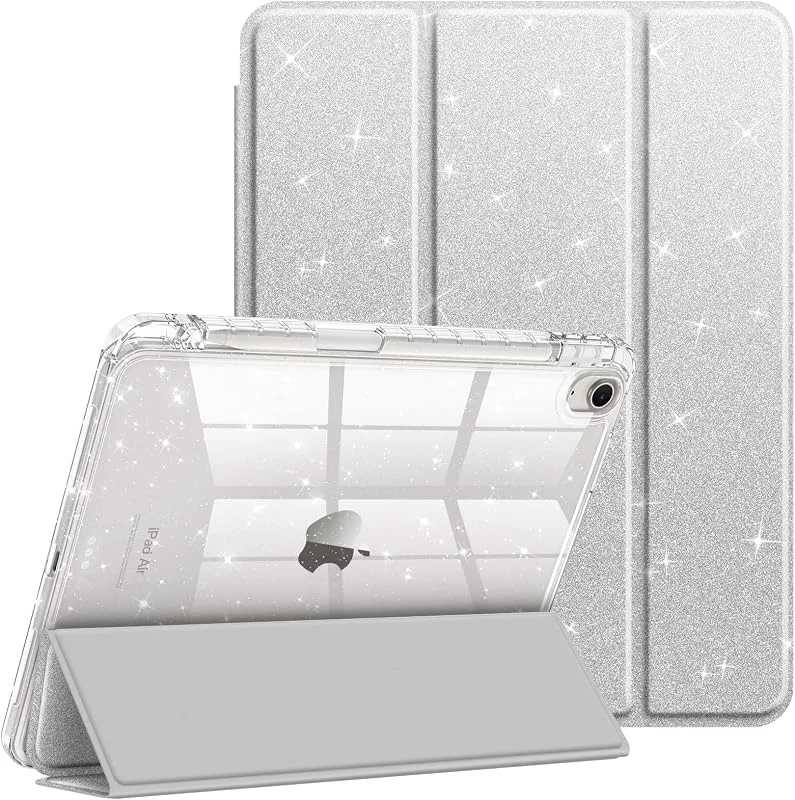 Fintie Glitterfodral för iPad Air 11 tum (M3, M2-2025, 2024), iPad Air 5 generation 2022, 4 2020 10, 9 tum, transparent tunt skyddsfodral med pennhållare, stötsäkert och glitter klar baksida, silver — Mobil och surfplatta