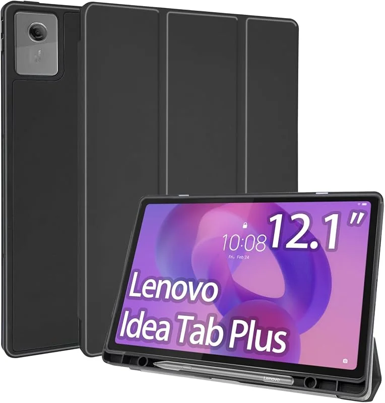 Fodral till Lenovo Idea Tab Plus 12, 1 tum 2025, mjukt TPU-skydd med pekskärmshållare tredelad surfplatta modell TB361 skal automatisk uppvakning, sömn, svart — Mobil och surfplatta