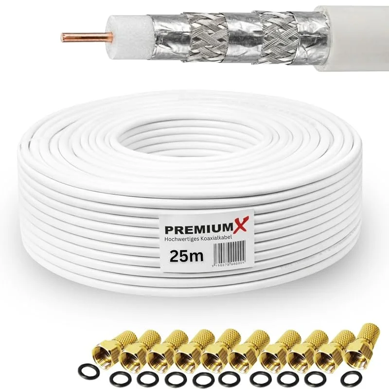 Premium X 25 m PROFI PRO koaxialkabel 135 dB 5-vägs skärmad, ren koppar SAT antennkabel 10 x F-kontakt (0, 64 EUR, M) — TV och streaming