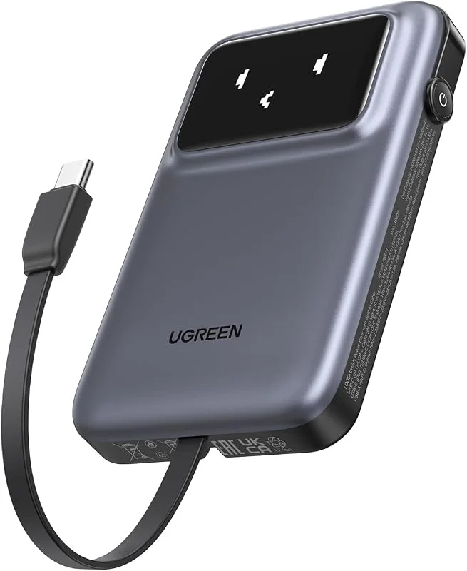 UGREEN Uno 10000mAh powerbank, bärbar laddare med 30W Max USB-C snabbladdning, integrerad USB-C-kabel, kompatibel med iPhone 17, 16, 15, 14, 13, 12-serien, Galaxy S24 Ultra med mera — Mobil och surfplatta