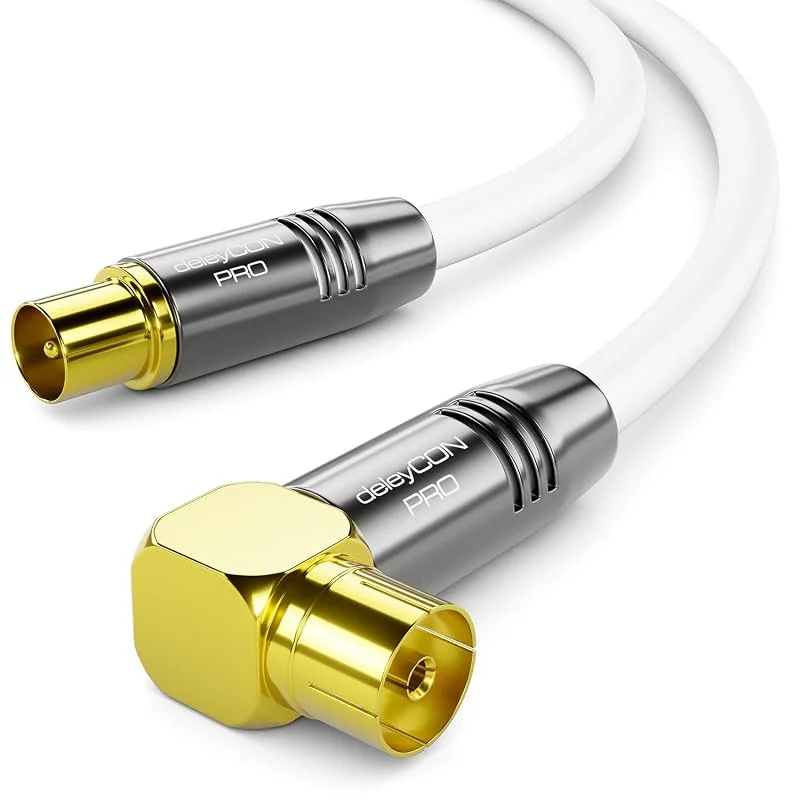 deleyCON 3, 0m 4K TV Antennkabel - 4K Ultra-HD Full HD HDTV - 1x Vinklad - Koaxialkabel - IEC-Kontakt (rak) till IEC-Uttag (90° Grad) - Metallkontakter - Vit — TV och streaming