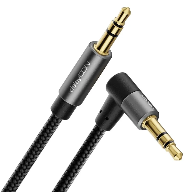 deleyCON 2m Aux-Kabel 3, 5mm Audio Jackkabel Stereo Kabel Bomullskabel & Metallkontakt - Plugg Strax på Plugg 90° Vinklad - Mobiltelefon Smartphone Surfplatta Hörlurar Hi-Fi-Mottagare Fordon — Hörlurar och ljud