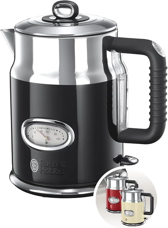 Russell Hobbs vattenkokare, 1, 7l, 2400W, snabbkokningsfunktion, temperaturmätare i retrodesign, vattennivåindikator, perfekt hällpip, Retro Classic Noir 21671-70, Svart — Kök & Hushåll