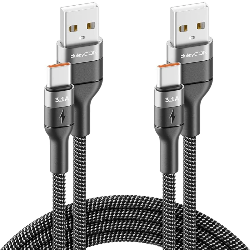 deleyCON 2x 2m USB C Kabel 3.1A Laddkabel Datakabel USB-A till USB-C Cable för iPhone 17 16 15 Pro Max Air Galaxy A16 A56 S26 S25 S24 S23 Pixel iPad Pro MacBook AirPods Surfplatta Switch PS5 — Mobil och surfplatta