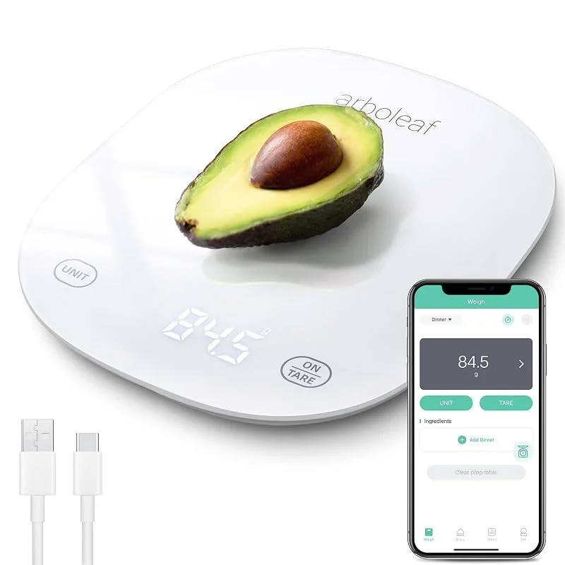 Arboleaf köksvåg digital med app, Bluetooth, kaloriräknare, USB uppladdning, 10 kg, 0, 5 g gramexakt hushållsvåg med säkerhetsglas och tar-funktion (vit) — Kök & Hushåll